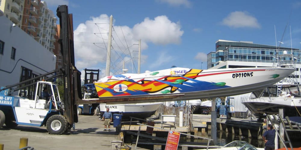 Boat in dry dock at Aquamarina Hi-Lift in Aventura, Florida