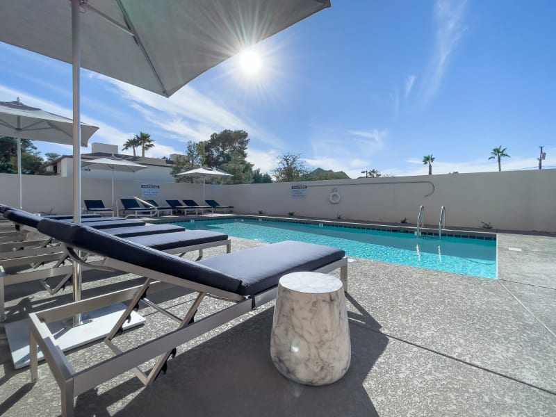 Amazing pool area with lounge chairs surrounding it at The Charleston Apartments in Phoenix, Arizona