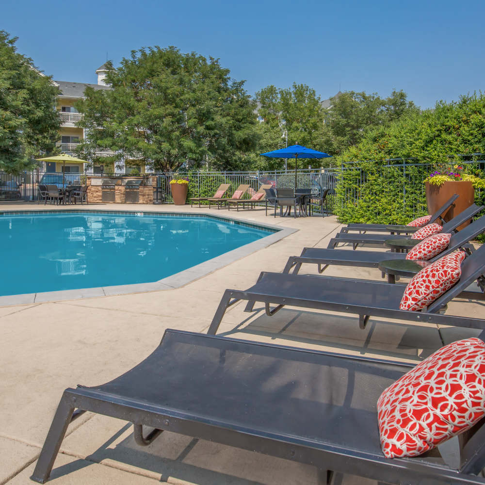 Swimming pool with lounge seating at One Belmar Place in Lakewood, Colorado