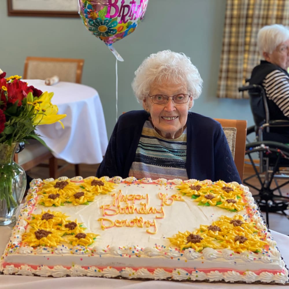 Birthday cake and Resident at Glenwood Place in Marshalltown, Iowa.