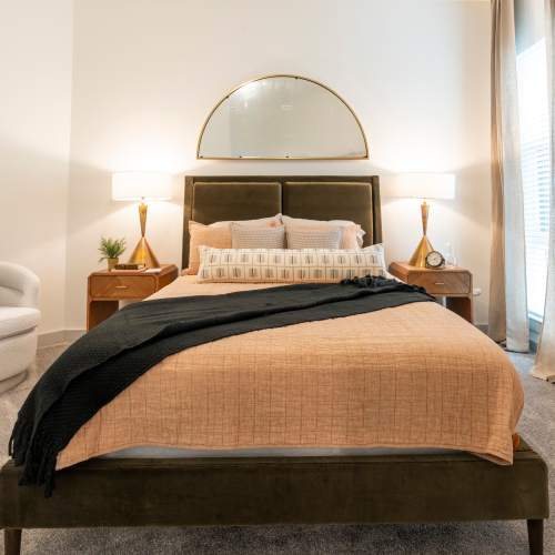 Spacious bedroom with soaring ceilings at Terrazzo in Durham, North Carolina