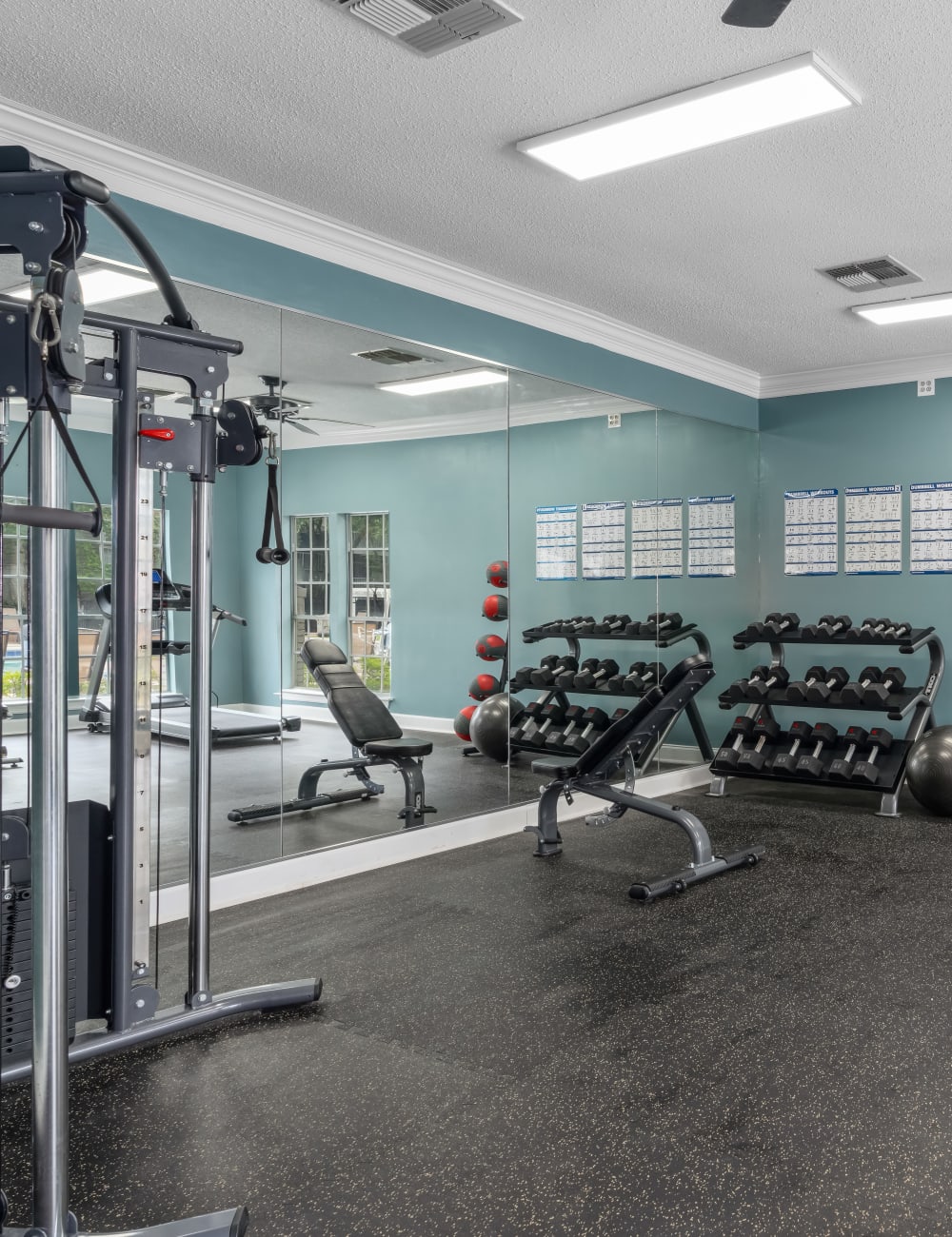 Equipment in the fitness center at Lenox Gates in Mobile, Alabama