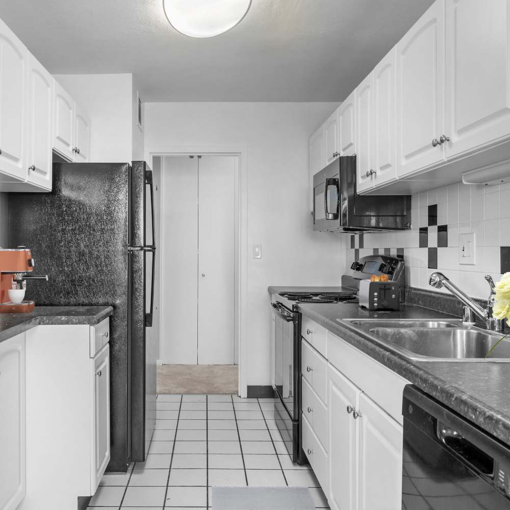Bright and modern kitchen with sleek appliances and ample storage at The View at Forest Park in St. Louis, Missouri.