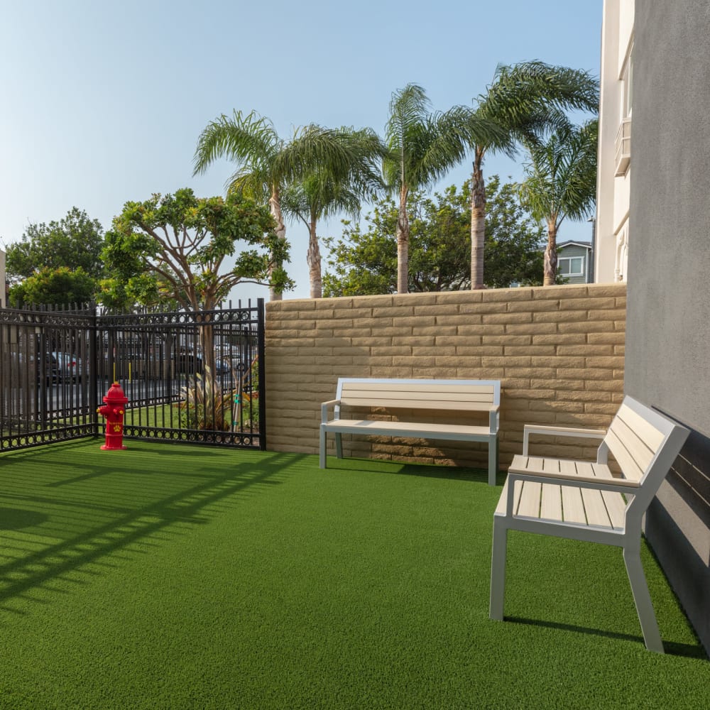 Fenced dog park with benches at Golden West Tower Apts in Torrance, California