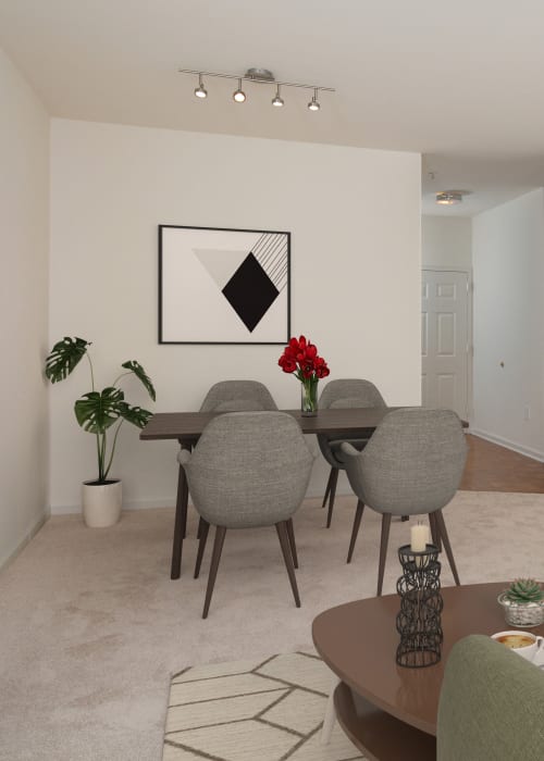 Dining area of a model home at The Brunswick in New Brunswick, New Jersey