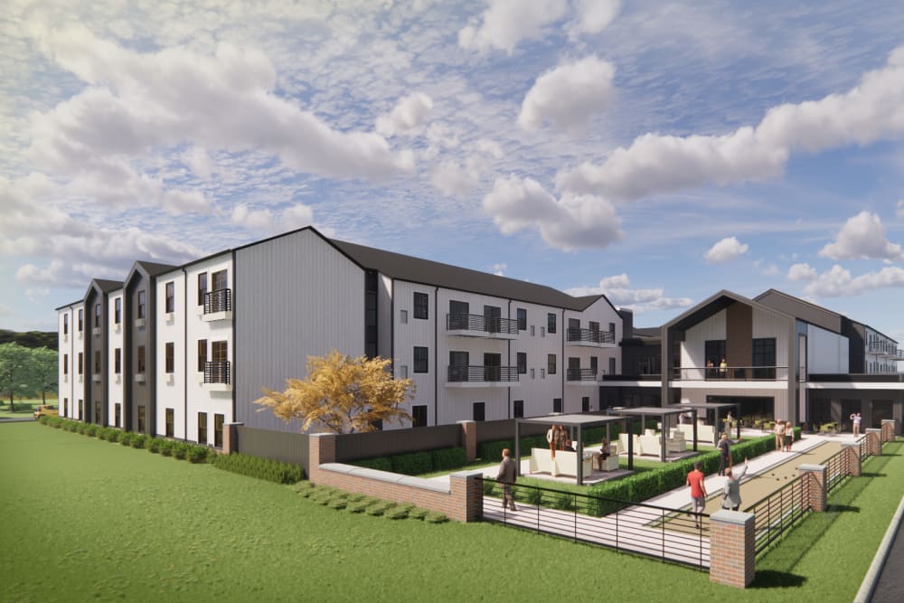 Exterior view of building, courtyard and grounds at Mission Ridge in Springfield, Missouri