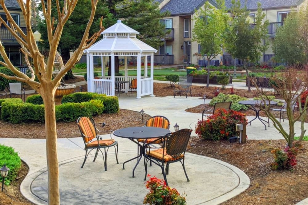 Sunny exterior courtyard at Blossom Vale Senior Living in Orangevale, California.