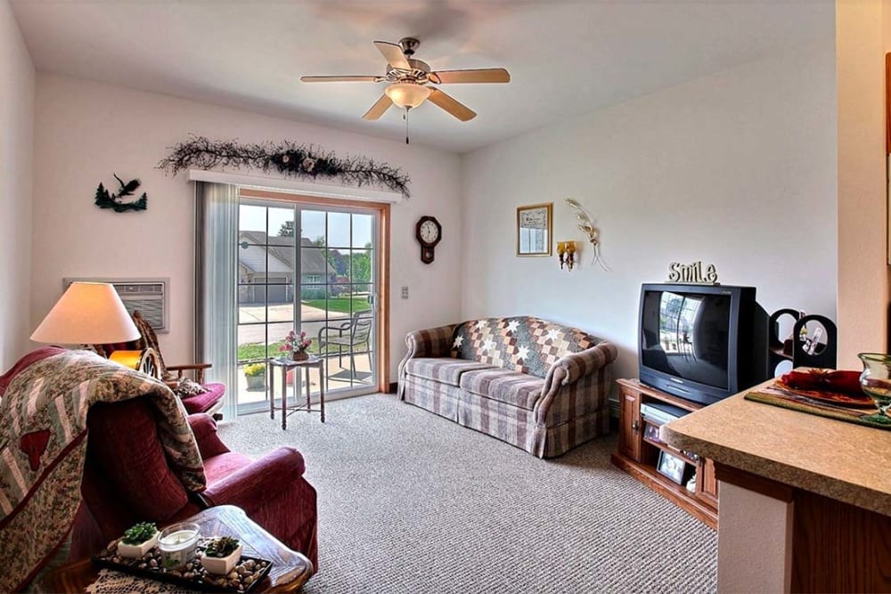 Spacious living room at Milestone Senior Living Hillsboro in Hillsboro, Wisconsin.