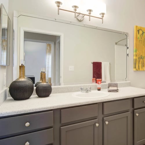 Modern finishes in an apartment bathroom at Villas at Princeton Lakes in Atlanta, Georgia