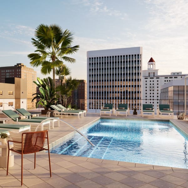 Resort-style pool at Aster, Long Beach, California