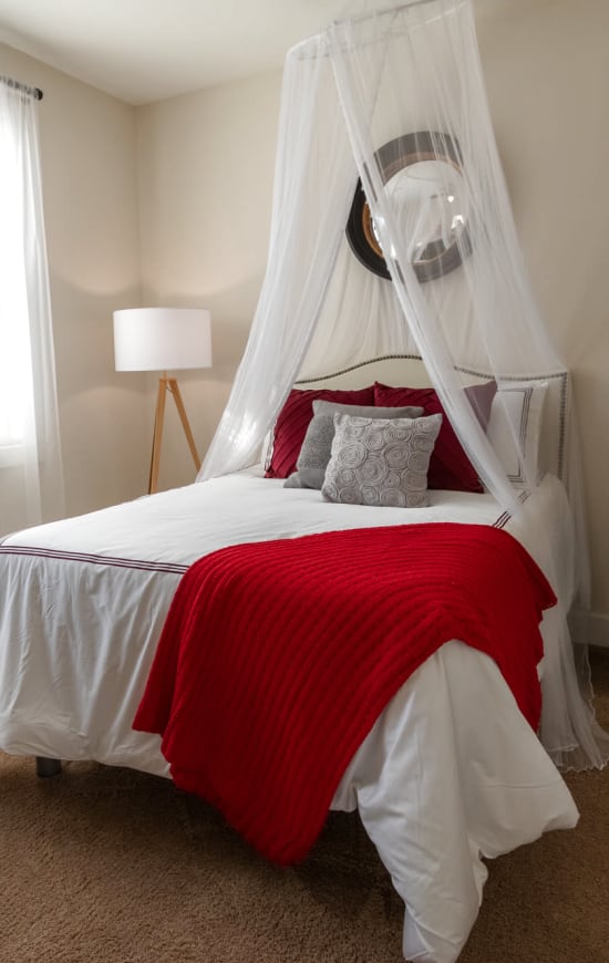 Private bedroom with plush carpeting and a canopy at The Waverly in Newark, Delaware