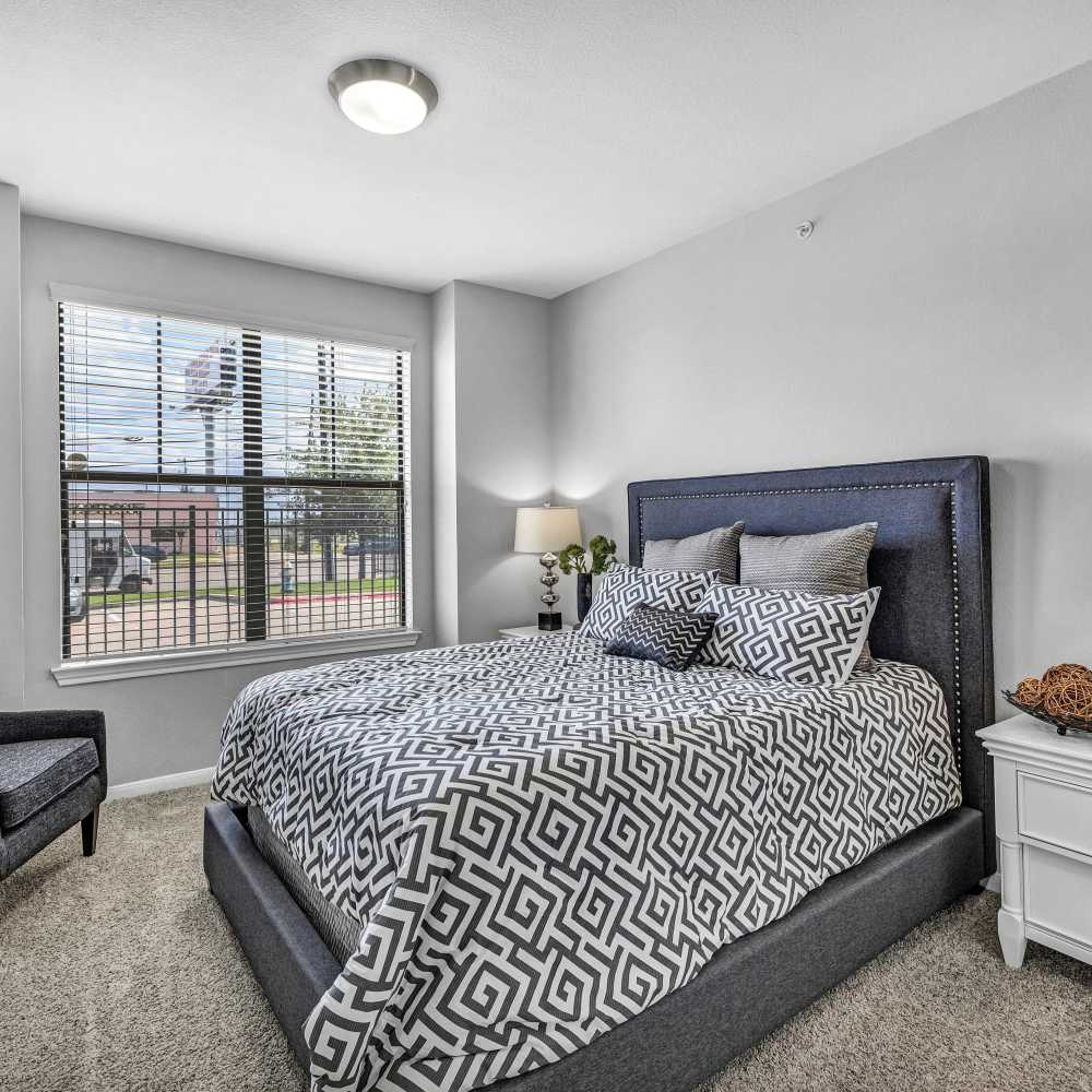 Modern bedroom with window at The Milo on Westheimer in Houston, Texas