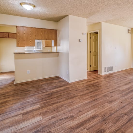 Kitchen and living and dining space at Kings Villages in Pasadena, California