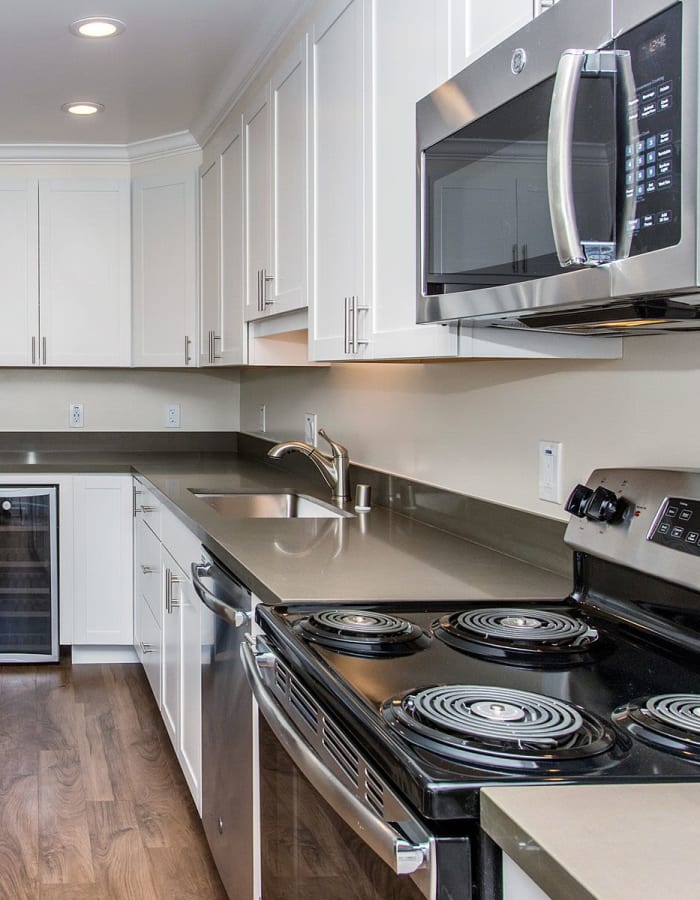 Modern kitchen with stainless steel appliances at Shadow Cove in Foster City, California
