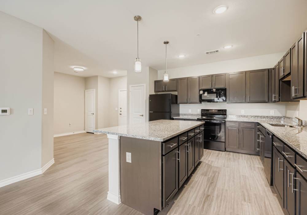 Modern kitchen with sleek cabinets and granite countertops at Standard at Royal Lane in Dallas, Texas