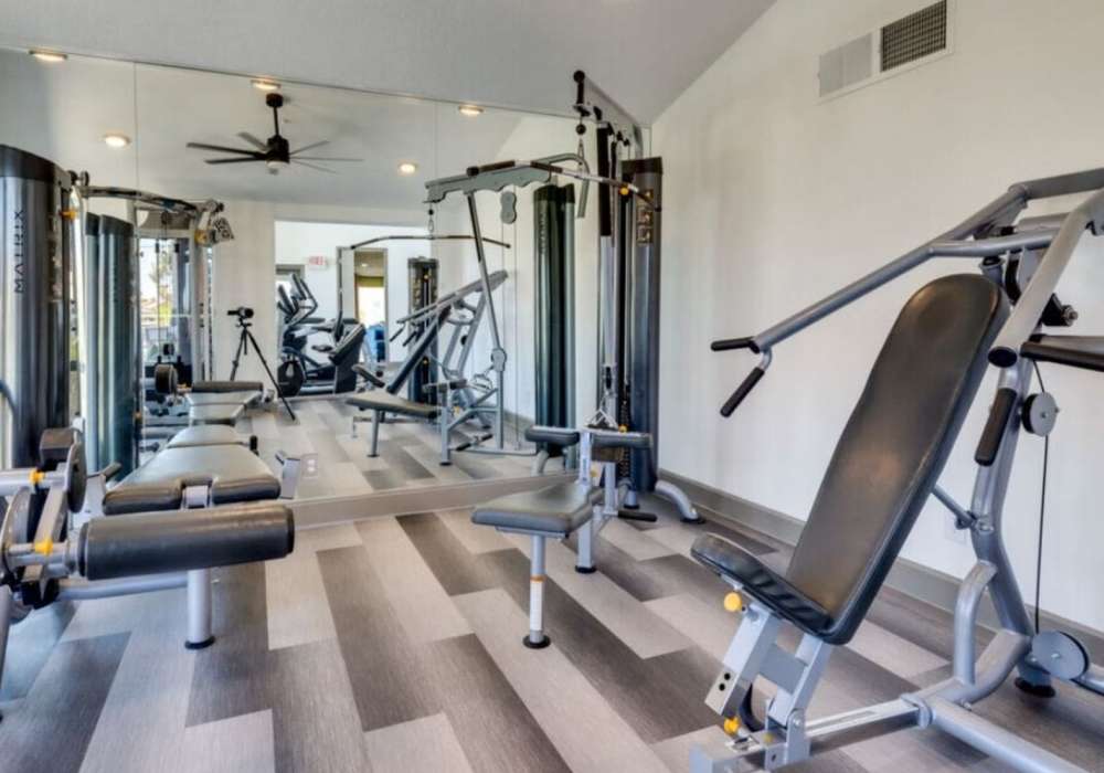 Free weight station in fitness center at Alcove at the Islands in Gilbert, Arizona  