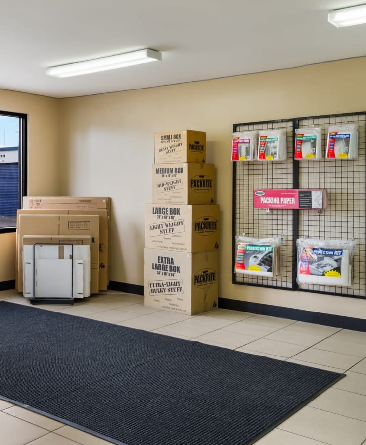 Packing supplies available in the leasing office at Hayward Self Storage in Hayward, California