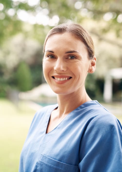 Caring nurse on her way in to work at Grand Villa of Delray West in Delray Beach, Florida