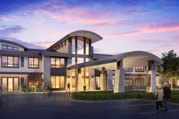 Rendering of the front entrance at Merrill Gardens at Brentwood in Brentwood, California.