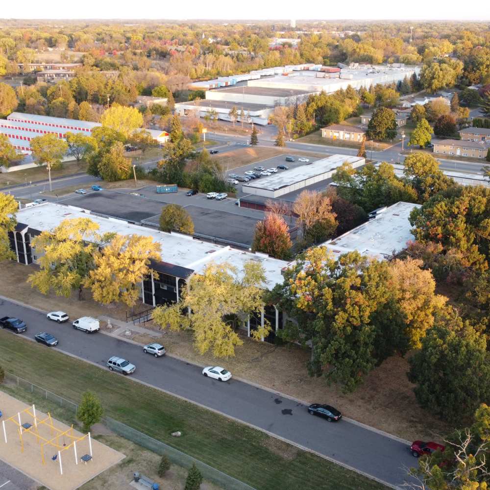 Aerial view of the apartment community at Morada in Crystal, Minnesota