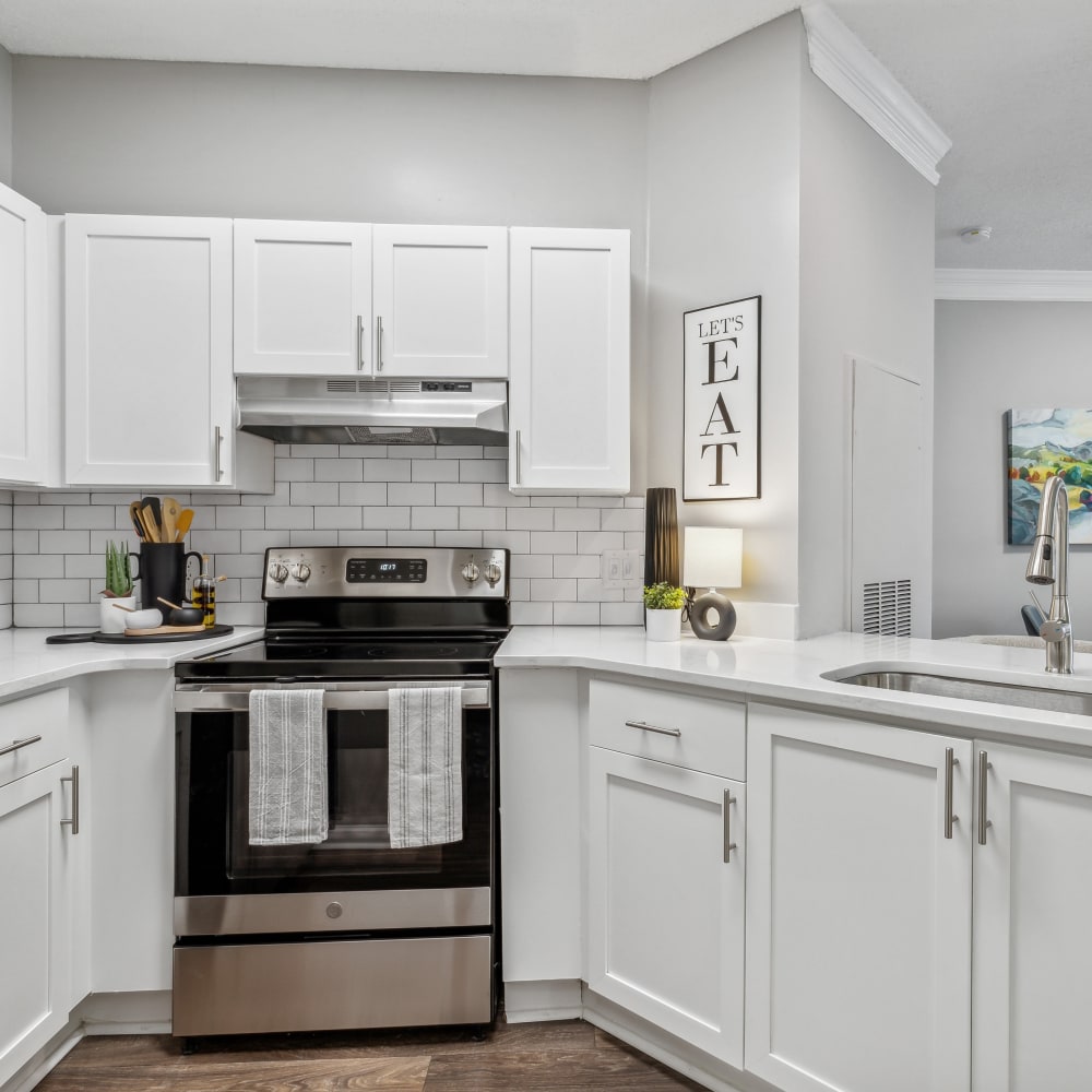 Modern kitchen with white cabinetry and stainless-steel appliances at Hawthorne Gates in Atlanta, Georgia