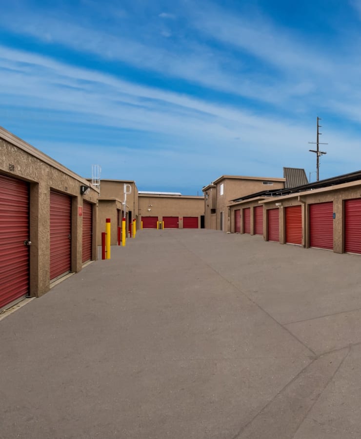 Exterior drive-up self storage units at StorQuest Self Storage in San Fernando, California