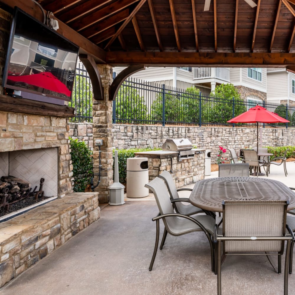 Covered outdoor fireside seating at Riverstone in Macon, Georgia