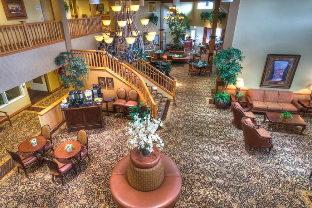 Aerial view of lobby at Bishop Place Senior Living in Pullman, Washington