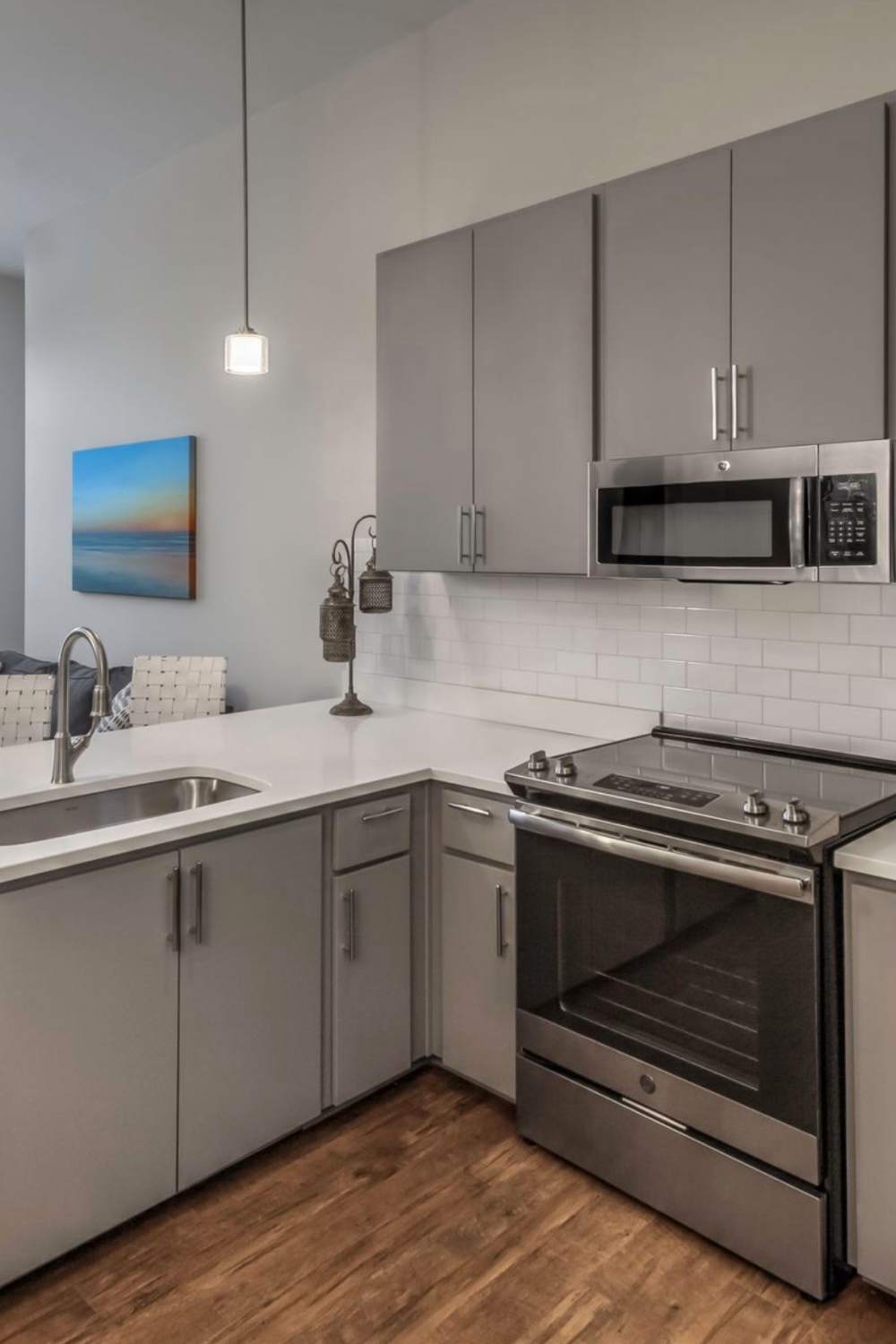 Kitchen with pendant lights at 300 Optimist Park in Charlotte, North Carolina