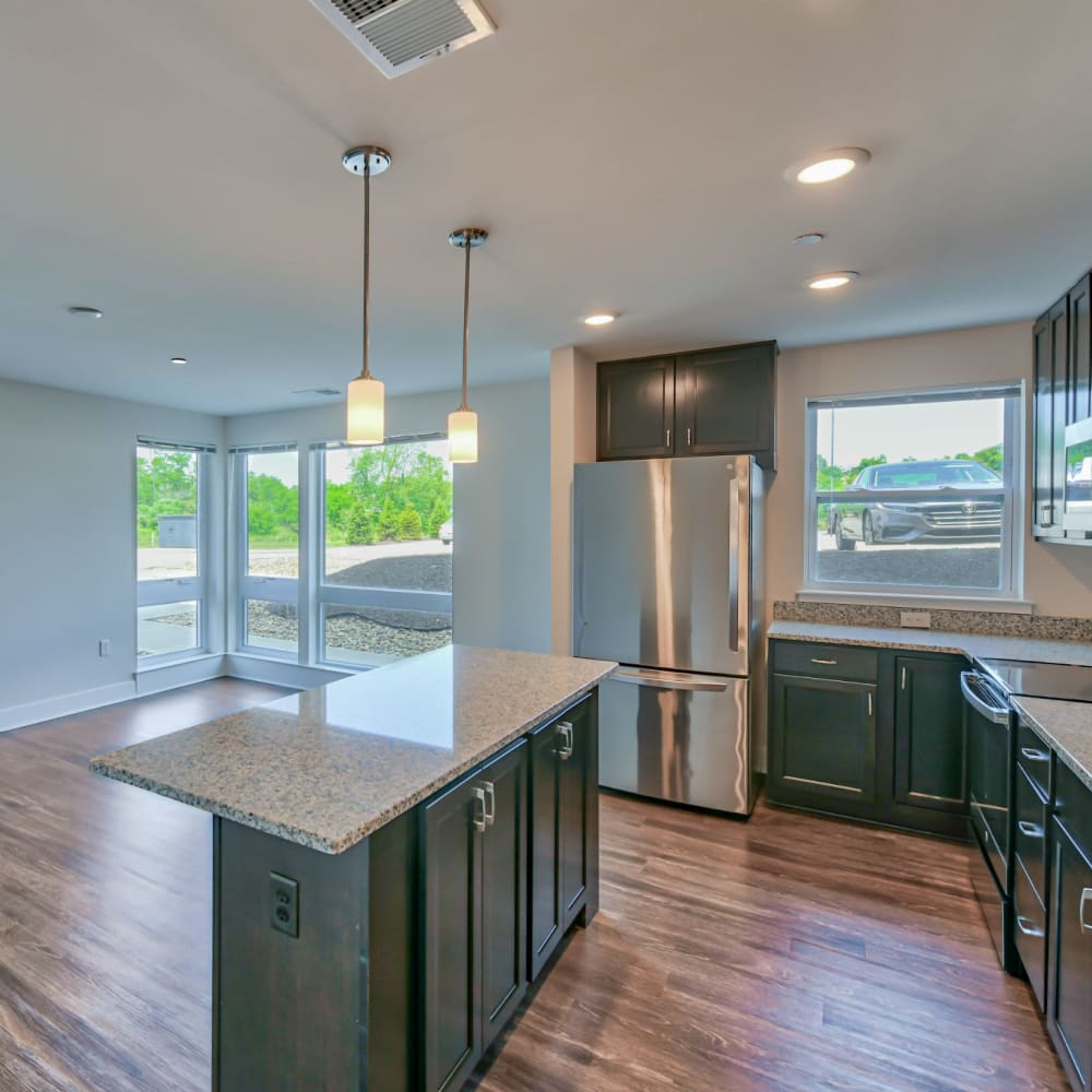 Kitchen island with granite countertop at Hamilton Place, Pittsburgh, Pennsylvania