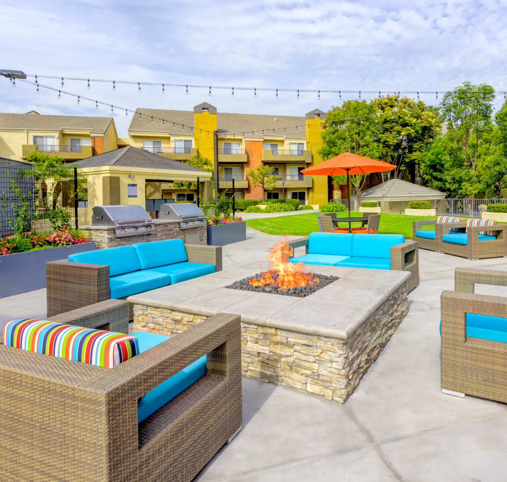 Luxurious outdoor lounge around the fire pit at Sofi Irvine in Irvine, California