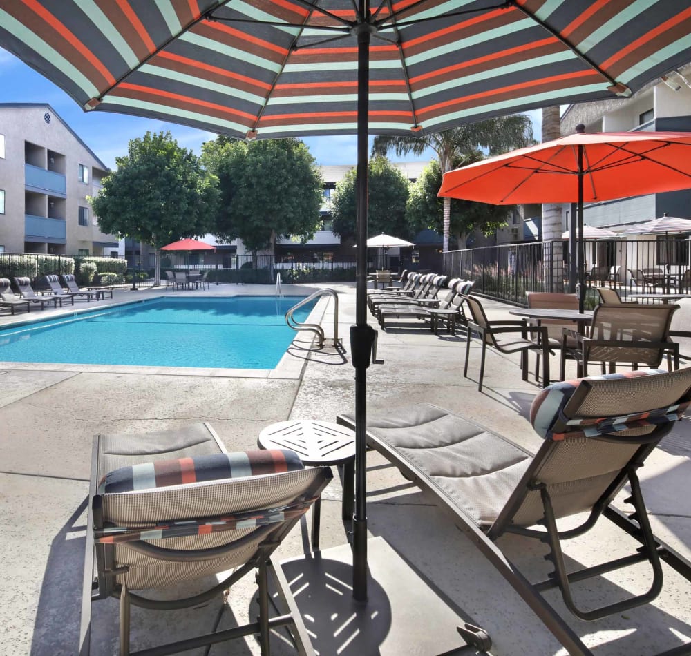 Chaise lounge chairs around the swimming pool at Haven Warner Center in Canoga Park, California