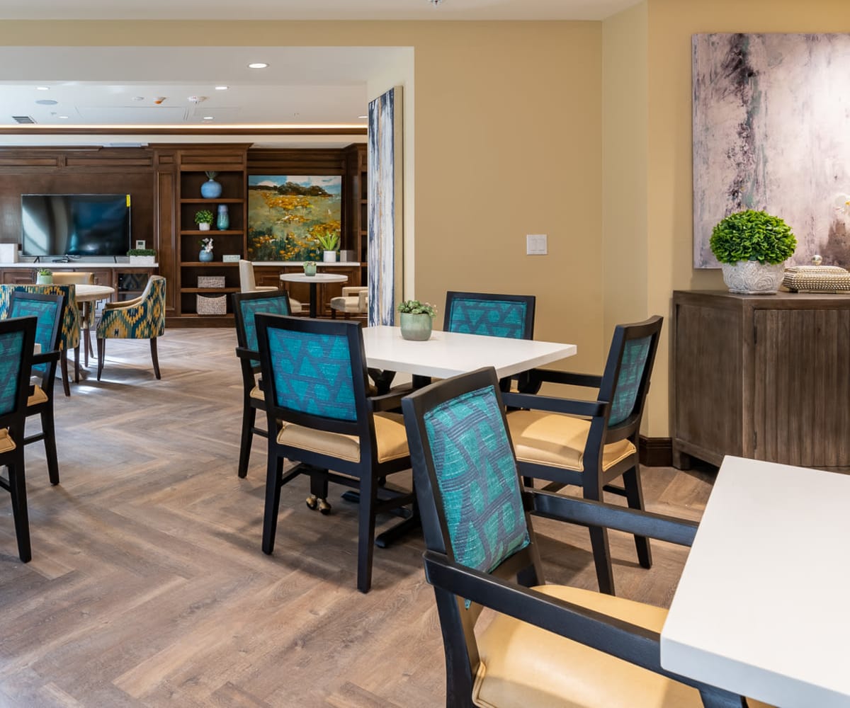 Spacious dining room at Hollywood Hills Senior Living in Los Angeles, California