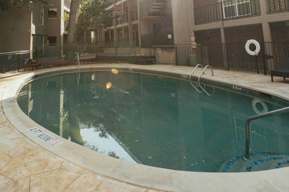 Sparkling water pool surrounded by lush landscaping at San Mateo Forest in Dallas, Texas.