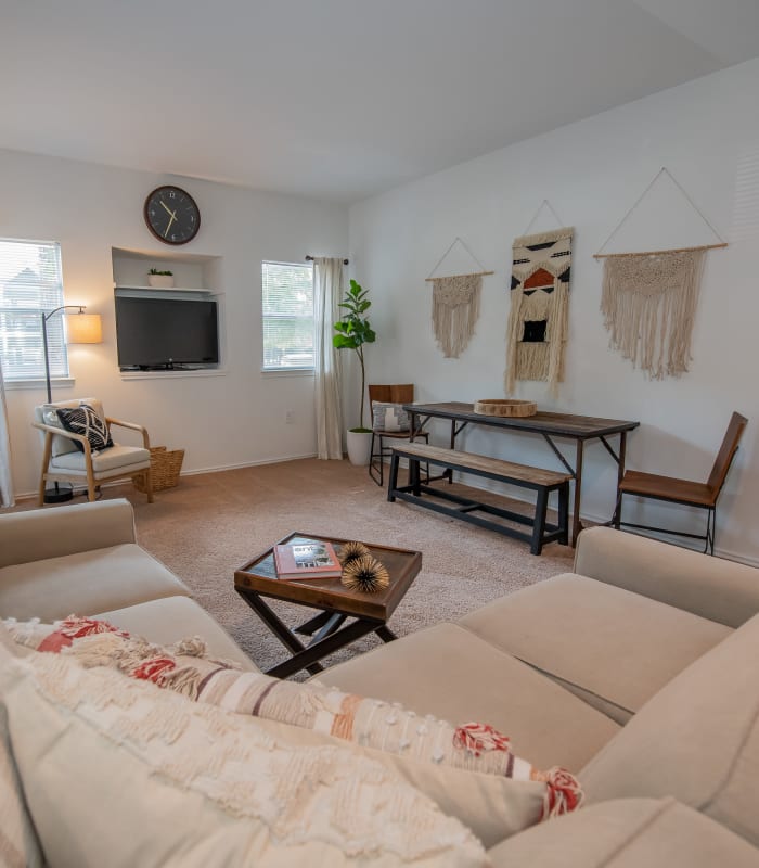 Carpeted living room at The Pointe of Ridgeland in Ridgeland, Mississippi