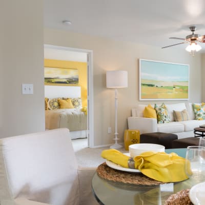 Minimalist decor in the living area of a model home at Skyline at Murrayhill in Beaverton, Oregon