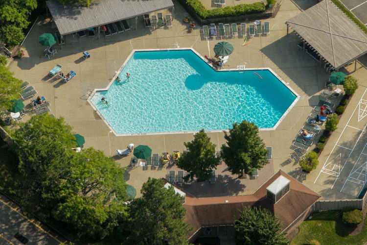 Aerial view of spectacular swimming pool at Everly Roseland in Roseland, New Jersey