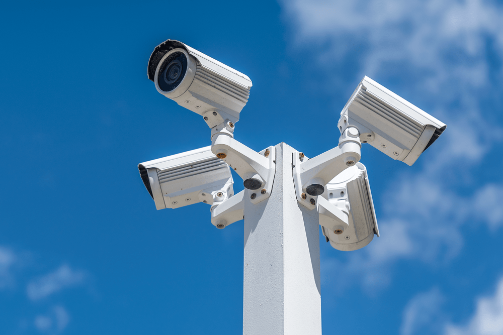 Security cameras mounted on a post at 21st Century Storage in Long Island City, New York