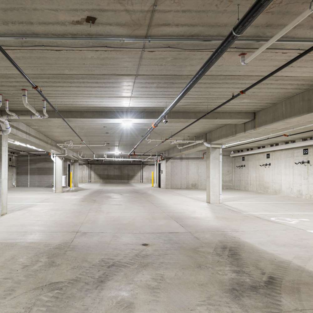Underground parking garage at The Uptown Apartments in Waconia, Minnesota