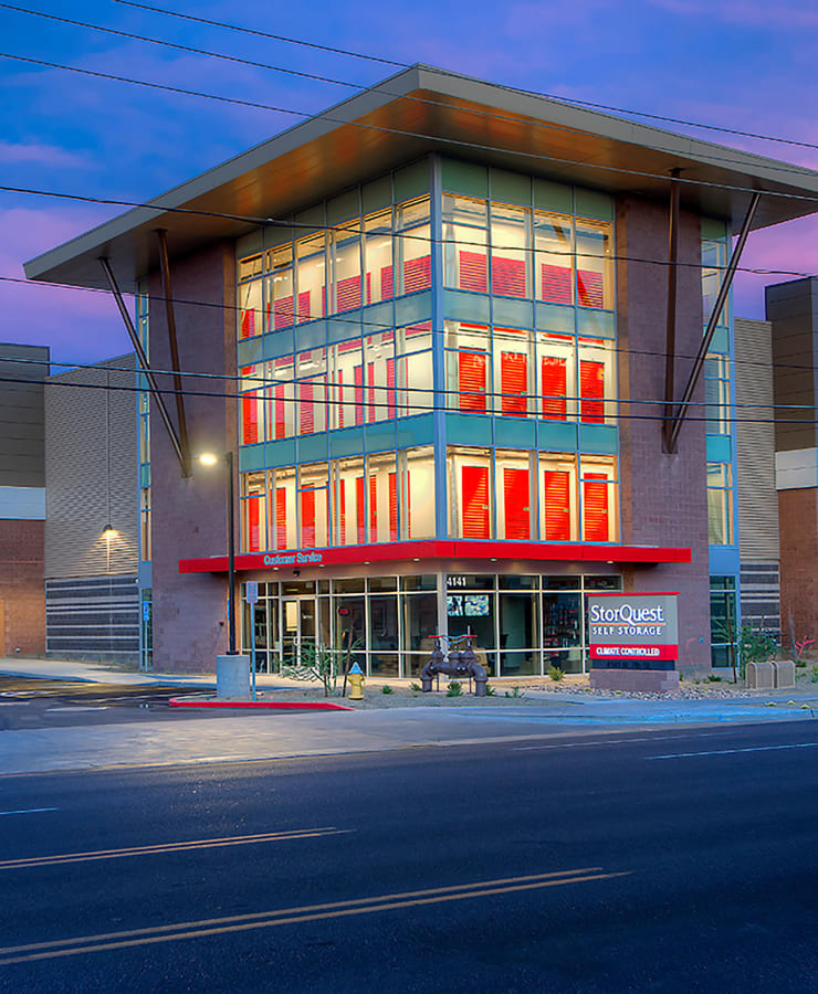 Exterior of the main entrance at StorQuest Self Storage in Phoenix, Arizona