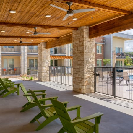 Shaded lounge area at The Gates at Meadow Place in Willow Park, Texas