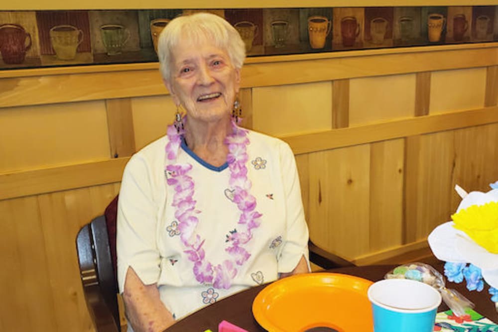 Smiling resident at a festivity at Majestic Rim Retirement Living in Payson, Arizona. 