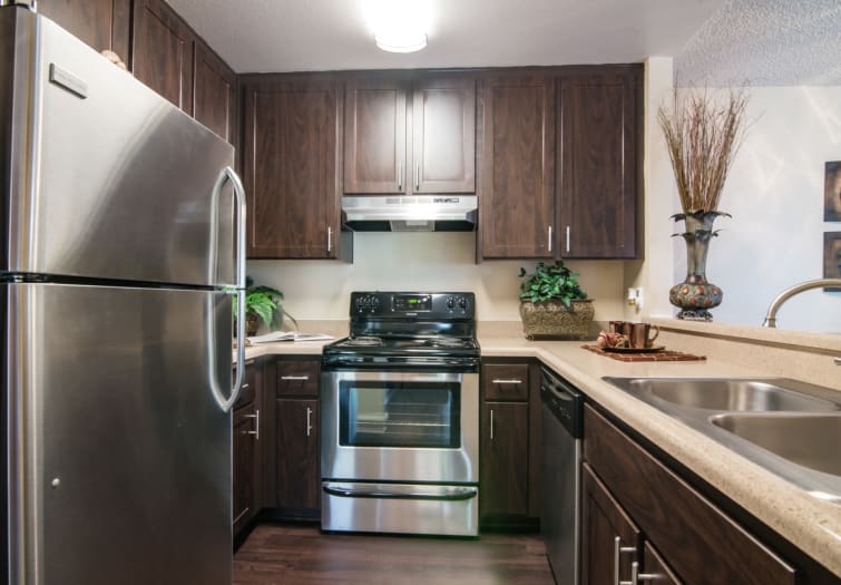 brown kitchen renovation with stainless steel appliances at Lakeview Village Apartments in Spring Valley,