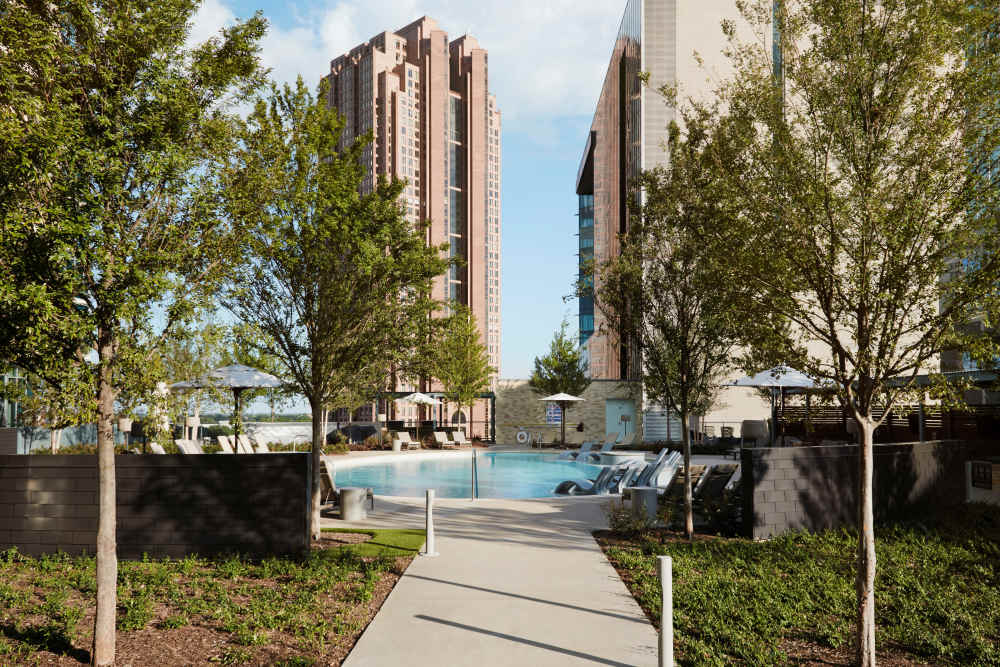 Community pool along with green lawn at Ardan in Dallas, Texas