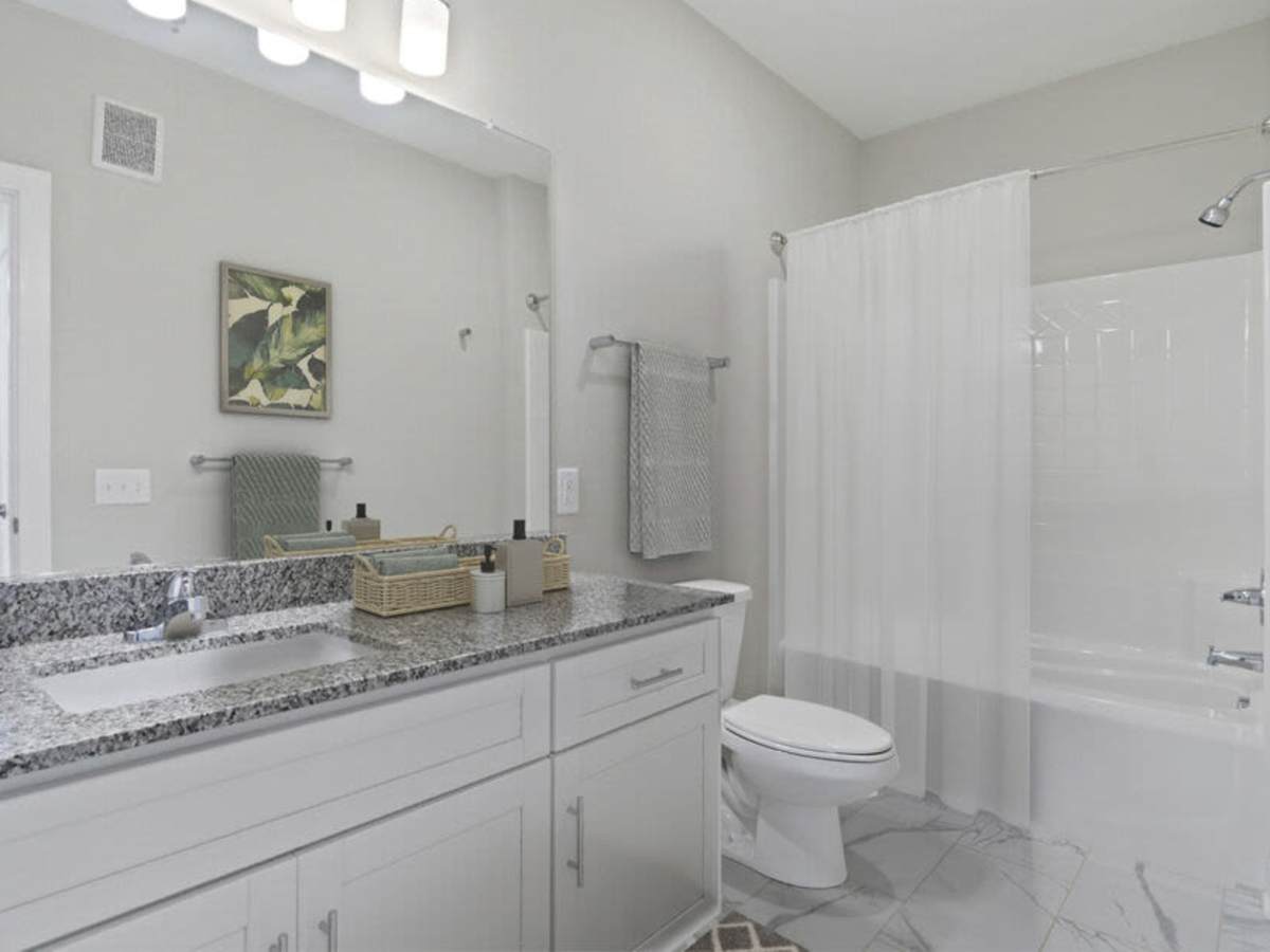 Modern bathroom with sink, commode and bathtub at The Rise at Regency in Henrico, Virginia