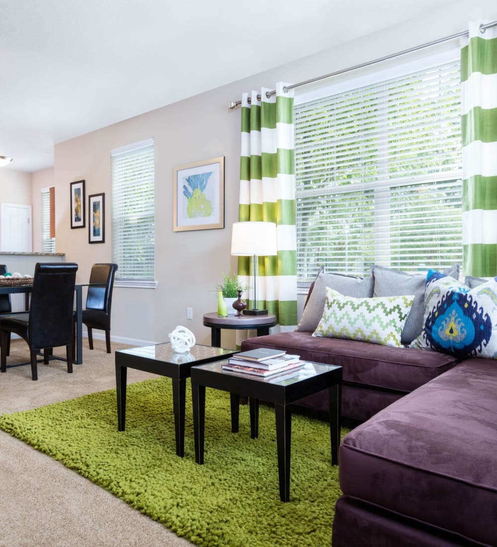 Plush carpeting and retro-modern furnishings in a model home's living area at The Jones in Hillsboro, Oregon
