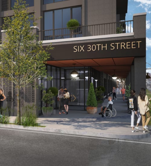 Street with people at The Maxx and The Alexandra in Pittsburgh, Pennsylvania