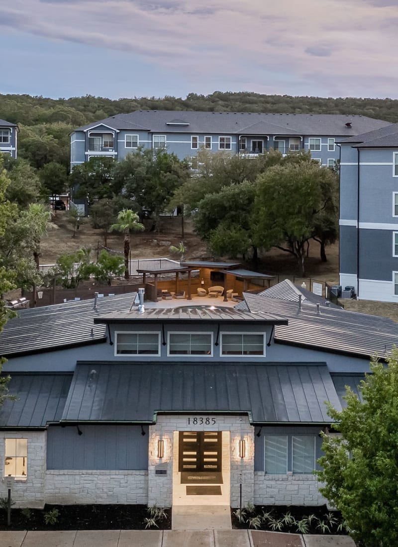 Clubhouse at sunset at Marquis at Crown Ridge in San Antonio, Texas