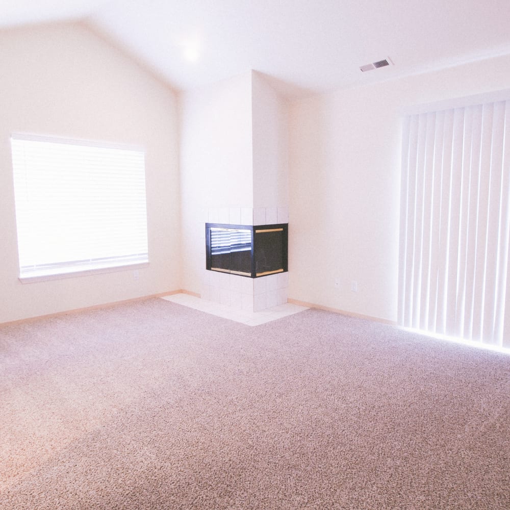 Fireplace, window and sliding glass door