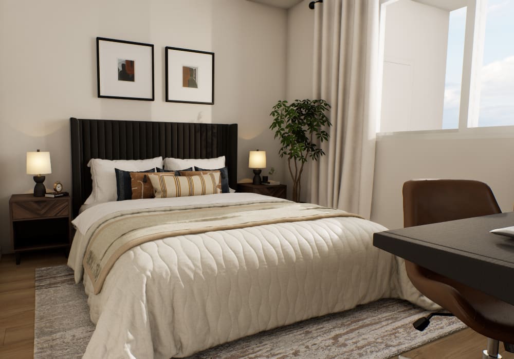 Bedroom with study table at The Colton in Redwood City, California